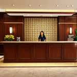 **Hotel Lobby Reception:** A warm and welcoming hotel reception area with staff greeting a guest, conveying a sense of organization and hospitality.