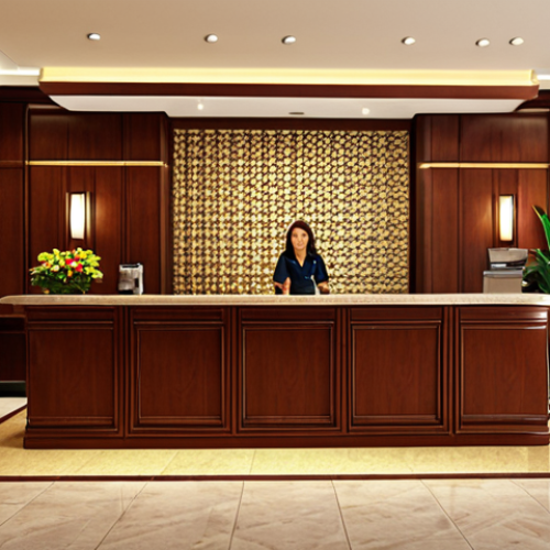 **Hotel Lobby Reception:** A warm and welcoming hotel reception area with staff greeting a guest, conveying a sense of organization and hospitality.