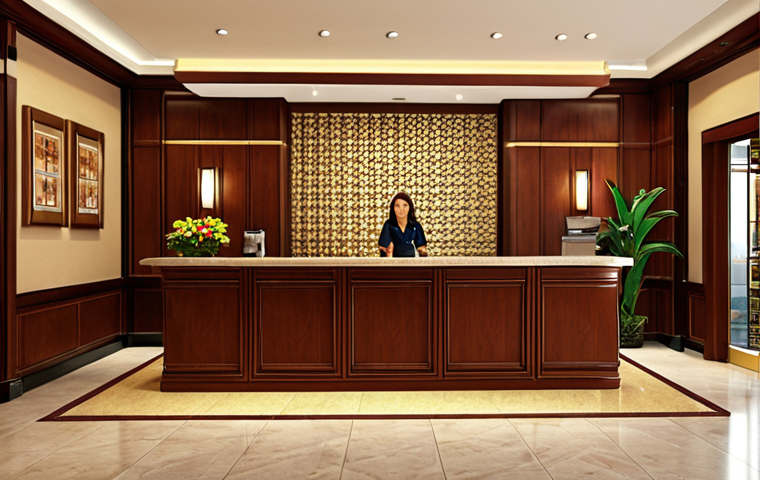 **Hotel Lobby Reception:** A warm and welcoming hotel reception area with staff greeting a guest, conveying a sense of organization and hospitality.