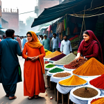 **

"A bustling marketplace scene in Lahore, Pakistan, safe for work, featuring vendors selling colorful textiles and spices, fully clothed women in shalwar kameez bargaining for goods, appropriate content, perfect anatomy, natural proportions, professional photography, high quality, family-friendly"

**