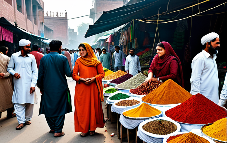 **
"A bustling marketplace scene in Lahore, Pakistan, safe for work, featuring vendors selling colorful textiles and spices, fully clothed women in shalwar kameez bargaining for goods, appropriate content, perfect anatomy, natural proportions, professional photography, high quality, family-friendly"
**
