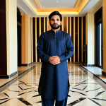 **

"A Pakistani professional hotel manager in a modest shalwar kameez, standing in a modern hotel lobby in Islamabad, fully clothed, appropriate attire, safe for work, perfect anatomy, natural proportions, professional photography, high quality. The lobby features Arabic-inspired design elements and calligraphy."

**
