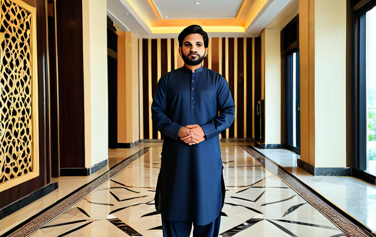**
"A Pakistani professional hotel manager in a modest shalwar kameez, standing in a modern hotel lobby in Islamabad, fully clothed, appropriate attire, safe for work, perfect anatomy, natural proportions, professional photography, high quality. The lobby features Arabic-inspired design elements and calligraphy."
**
